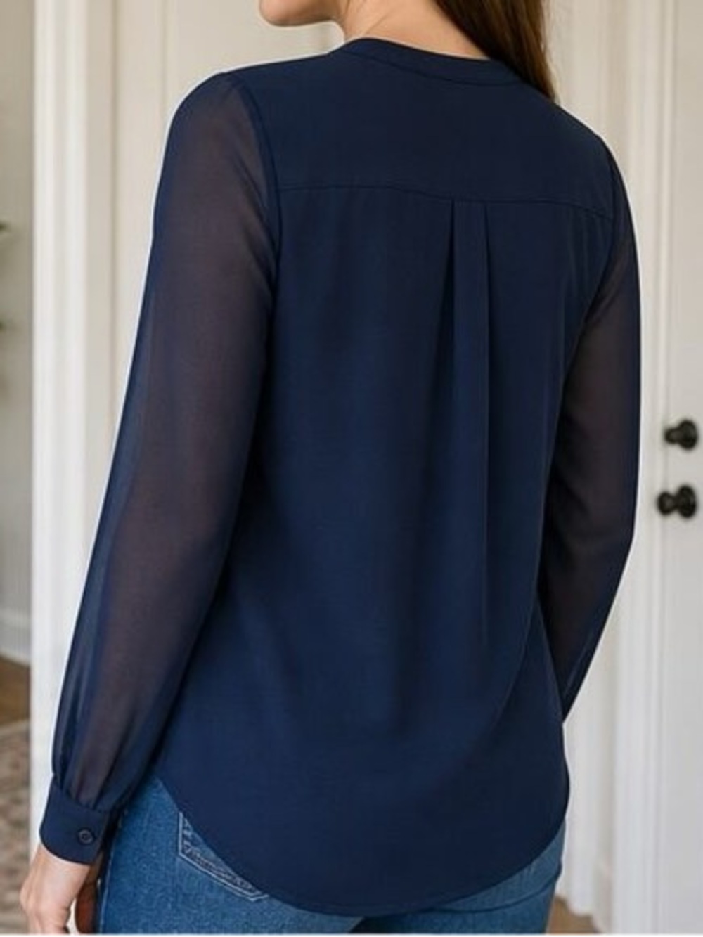 Women’s Navy Button-Front V-Neck Blouse - Picture 3 of 6